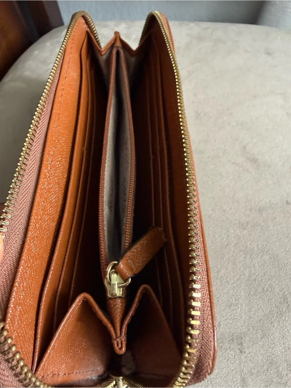 Michael Kors Cognac Leather Zip-Around Wallet with Gold Plaque